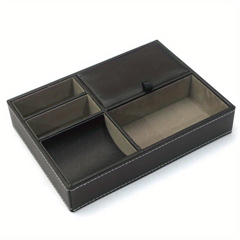 Trendbay Men's Faux Leather Valet Tray Organizer – 5-Compartment Jewelry & Everyday Essentials Storage Box