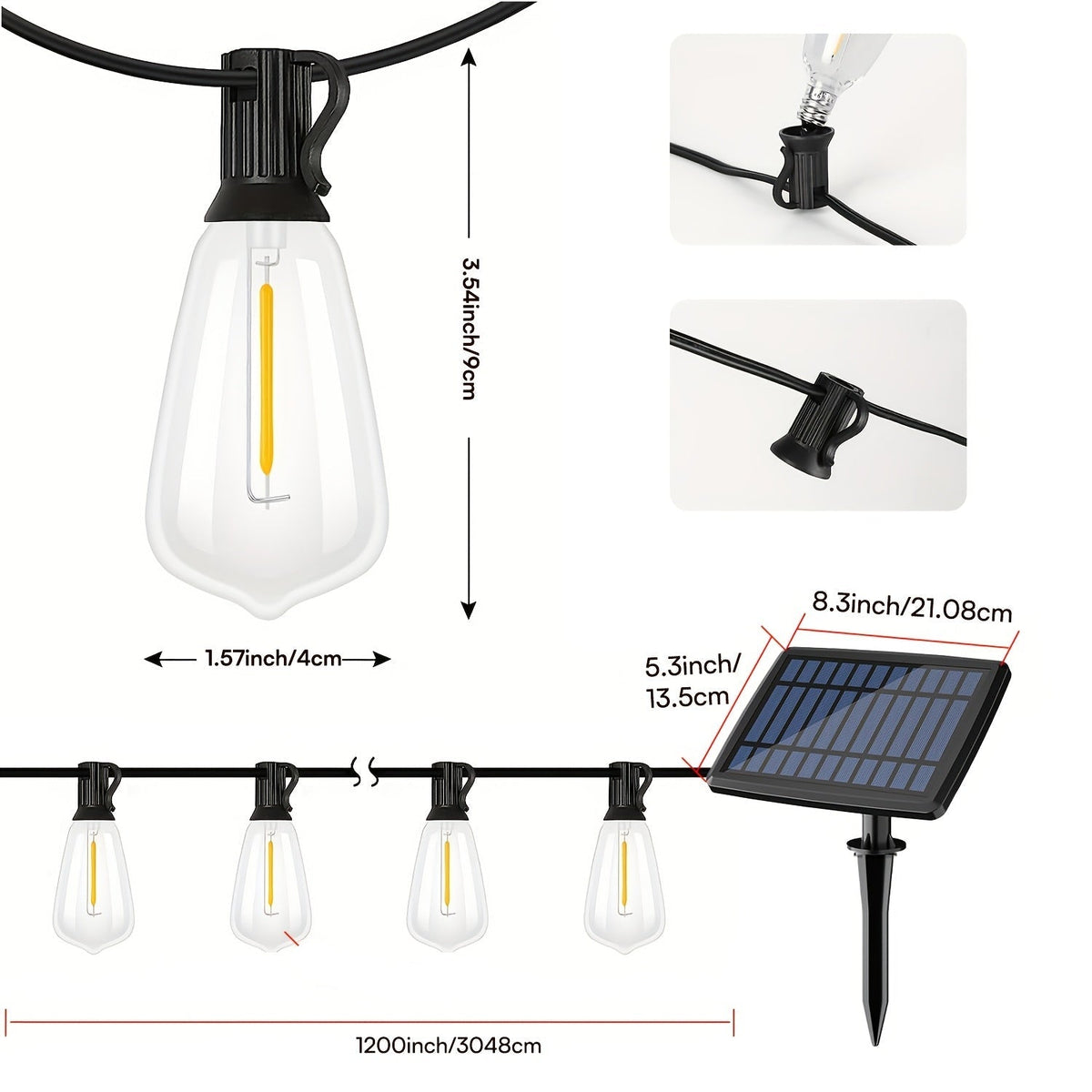 Trendbay 100FT Solar LED String Lights with 24 Shatterproof ST38 Bulbs  Waterproof