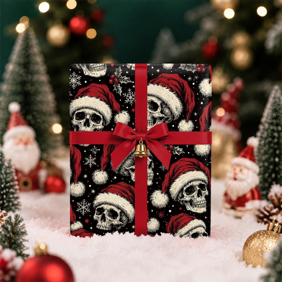 Trendbay Black Christmas Skull Gift Wrapping Paper Poinsettia 17.7 × 118 Inches