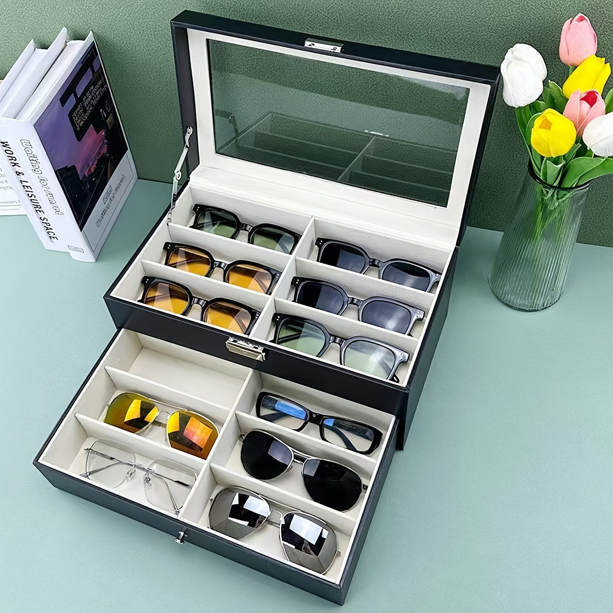 Trendbay 12-Slot Double-Layer Glasses Storage Box – Eyewear & Jewelry Organizer with Display Lid